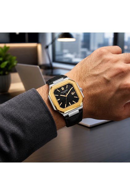 Men's Wristwatch Stylish Square Case Leather Band Steel Case 50 Meters Water Resistant
