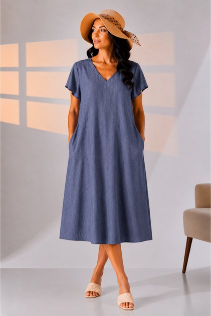 Likapashop Viscose Blended Plus Size Denim Pattern Double Pocket V-Neck Short Sleeve Dress 2753