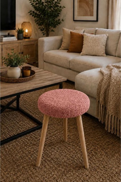 SOLO Teddy Kumaş Kaplı Tabure Puf Makyaj Masası Mutfak Balkon Salon Ahşap Ayaklı Tabure GÜLKURUSU