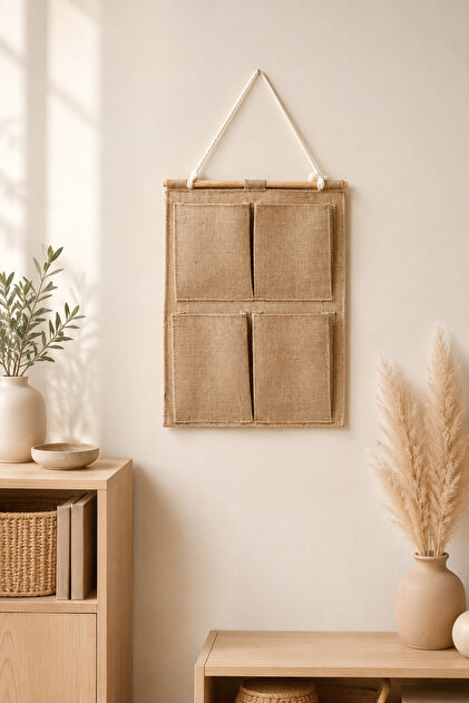 Jute 4-Pocket Hanging Wall Organizer 35 X 45 cm – Multi-Purpose Organizer for Inside the Closet, Bathroom, Kitchen, and Home Organization