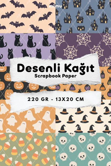 Cadılar Bayramı Yarasa Kedi Balkabağı Hayalet Desenli Kağıt Seti Scrapbook Kağıdı (220 gr) Ajanda Günlük Kolaj Junk Journal Bullet Journal Kağıtları