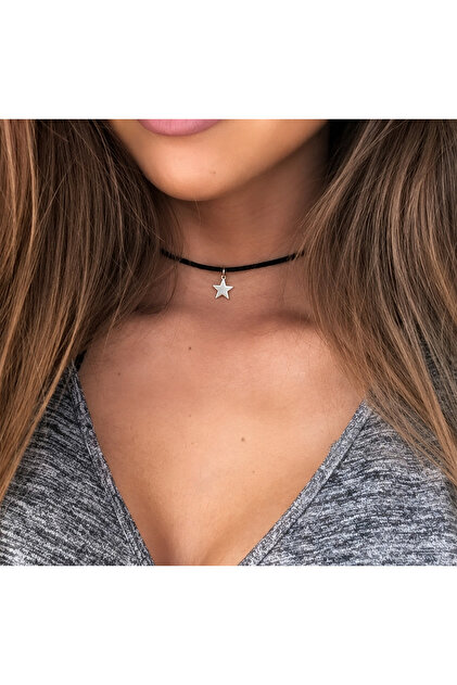 Yıldız Uçlu Siyah Güderi Choker Kolye