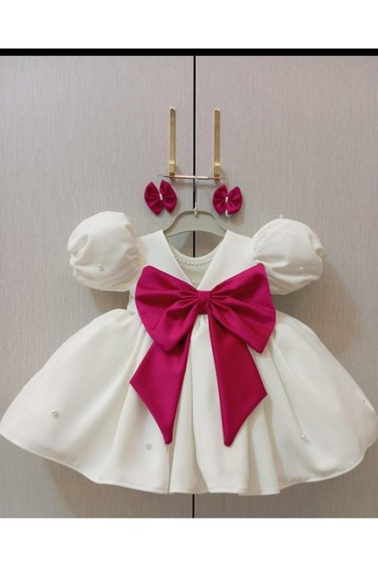 Ecru Fuchsia Big Bow Girls' Dress
