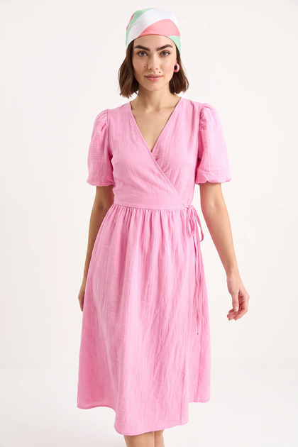 Women's Double-Breasted Balloon Sleeve Long Muslin Candy Pink Dress
