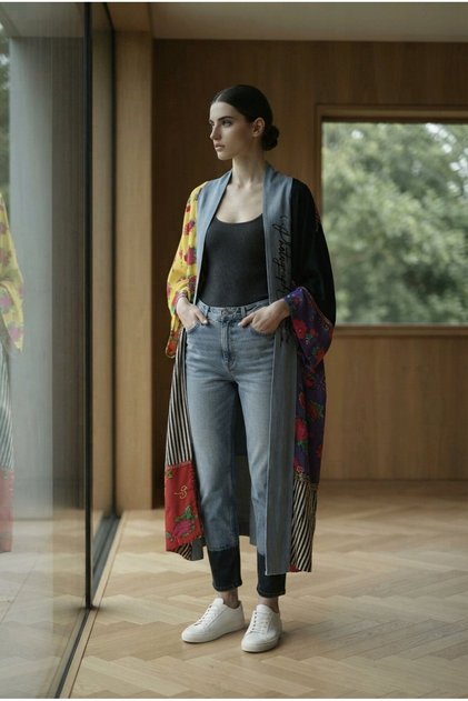 Women's Multicolor Patchwork Patterned Bohemian Long Kimono Cardigan with Text Detail