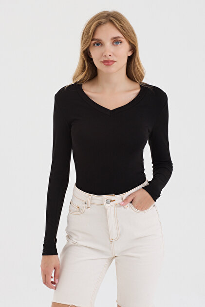 Women's Black V-Neck Slim Fit Finger-Loop Ultra Soft Flexible Lycra Cotton Basic Body&Blouse
