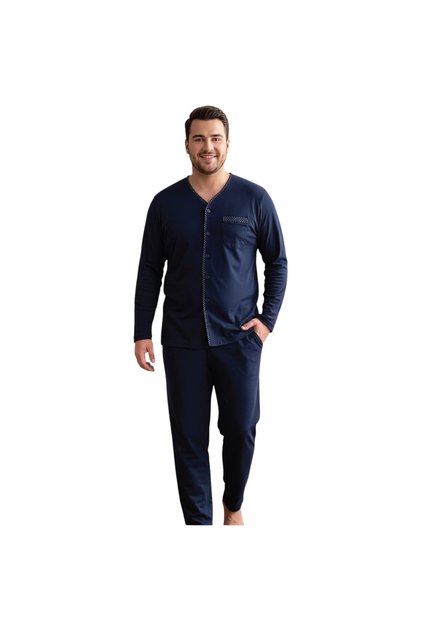 Over Sleep 2419 Men's Winter Large Size Single Jersey Pajama Set with Front Buttons