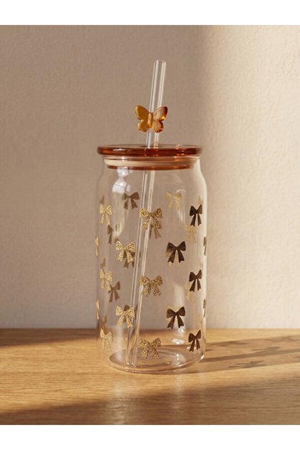 Rmz Gi̇yi̇m Farkiyla Glass Cup with Bow Figure and Straw 400 ml
