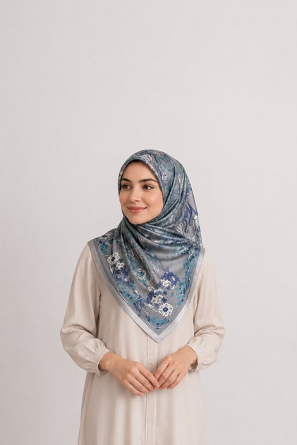 وشاح مربع من الساتان باللون الرمادي الفيروزي مقاس 90x90 سم