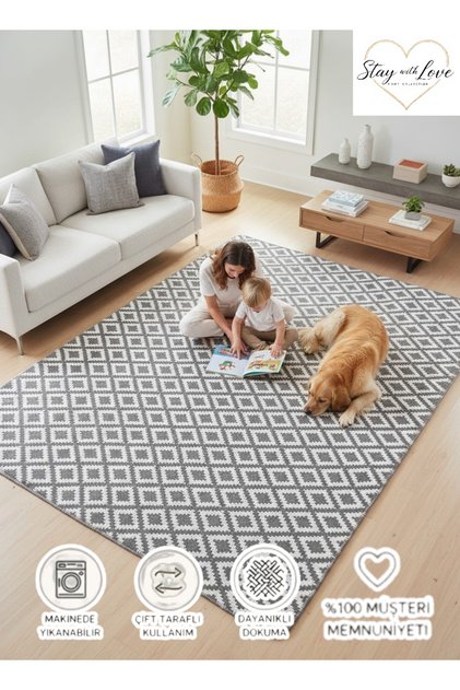 Saçaksız Kilim Gri Beyaz Çift Taraflı Dokuma Kilim 1. Kalite Pamuklu Dokuma Kilim