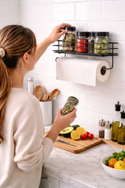 Wall Mounted Spice Rack and Paper Towel Holder |   2-in-1 Metal Kitchen Organizer