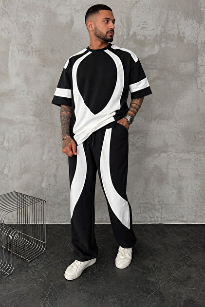 Contrast Patterned Oversize Men's Top and Bottom Set