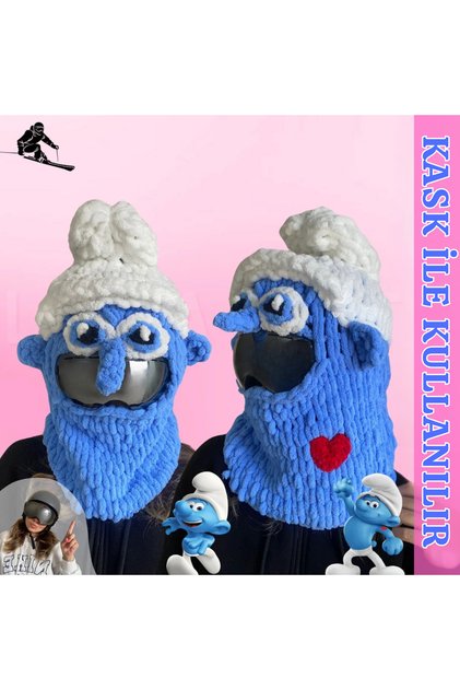 Şirinler Snowboard Kask Koruyucu Maske, Soğuktan Koruyan Eğlenceli Tasarım Maske, Kask Üstü Maskesi