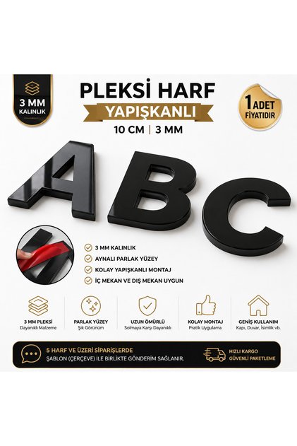 Yapışkanlı Pleksi Harf 10 cm 3 mm Dekoratif Kapı ve Duvar Harfi (1 Adet)