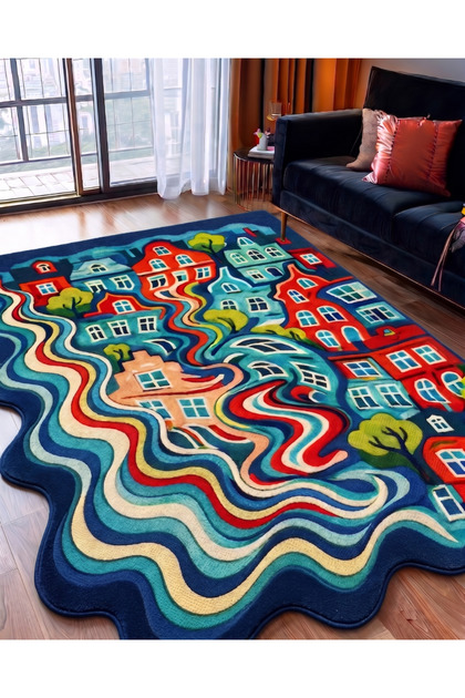Sdt Multi-Colored Abstract Houses and Wavy Pattern Woven Base Modern Decorative Carpet Sdt46