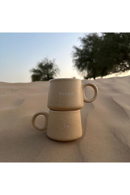 Grace Mug – Handmade Ceramic Cup Engraved with Dream in English Arabic | Sand Color | 250ml Coffee, Tea Everyday Use | Single Piece