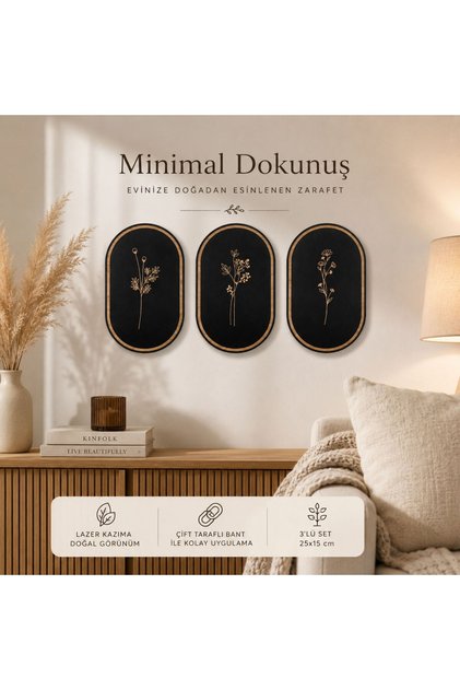 3’lü Siyah ahşap MDF Duvar Tablosu – Lazer Kazıma Çiçek Desenli Dekoratif Tablo Seti (15x25 cm)