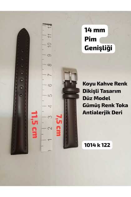 14 mm Compatible Watch Strap, Dark Brown Color Stitched - Plain Model - Silver Color Buckle