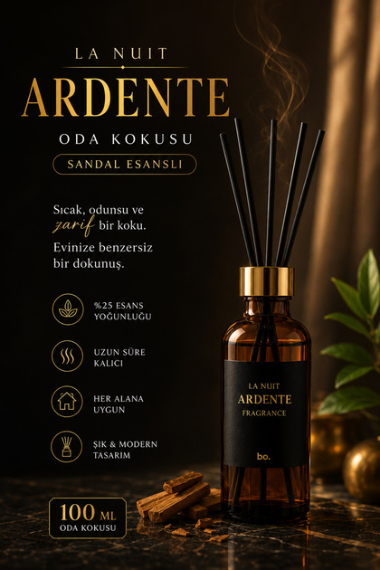 La Nuit Ardente Oda Kokusu 100 ml – Sandal Esanslı – %25 Esans – Siyah Çubuklu – Amber Şişe