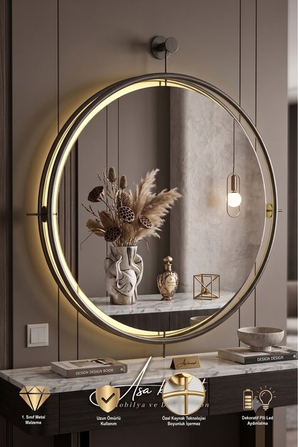 İSTANBUL SİYAH LEDLİ AYNA, Metal Dekoratif Hol Koridor Duvar Salon Mutfak Banyo Wc Ofis Aynası