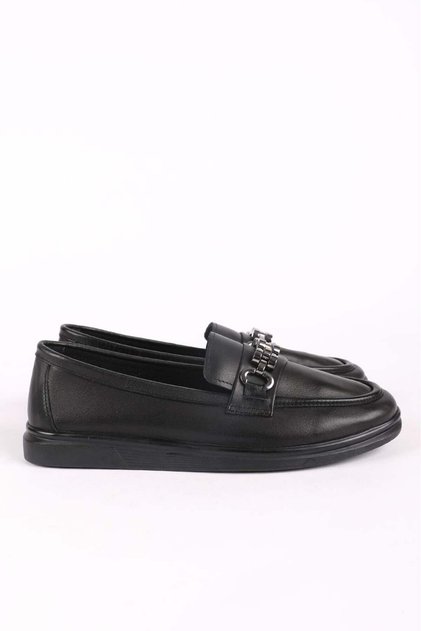 Women's Genuine Leather Buckle Detailed Loafer Daily Casual Shoes Black