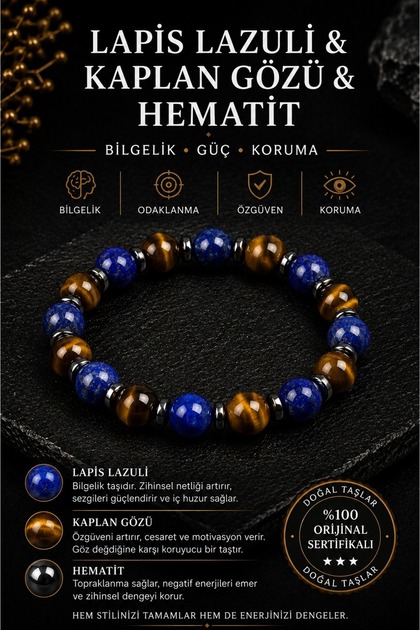 Certified Natural Lapis Lazuli, Tiger Eye & Hematite Bracelet – Wisdom, Strength & Protection