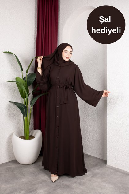 Koyu Kahve Yazlık Şifon Arkası Pileli Şal Hediyeli Abaya