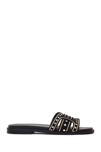 Women's Black Studded Suede Slippers 26Sfe480710