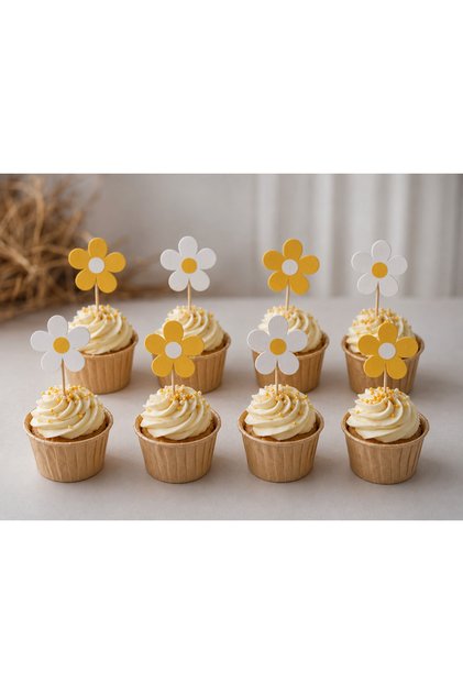 Papatya Temalı Cupcake Pasta Üzeri Kürdan 8 Adet