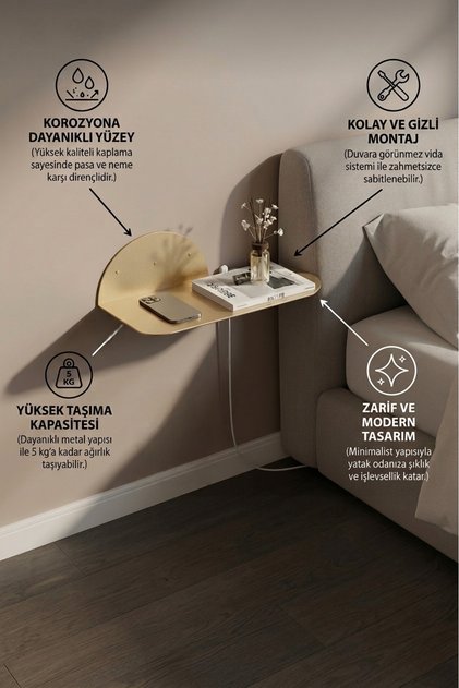 Metal Dresuar Duvar Rafı Oval Tasarım Başucu Komodini 45 cm