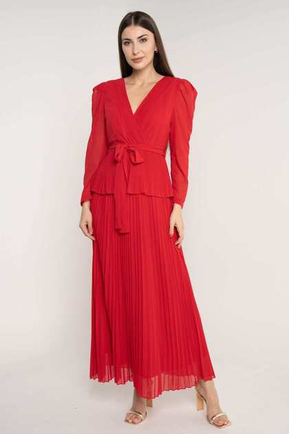 Plain Long Sleeve Pleated Maxi Dress