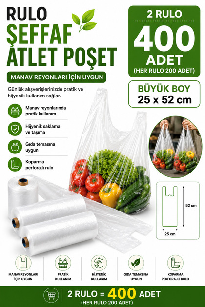 Roll Transparent Athlete Market Bag Large Size – 25X52 Cm, 200 Pieces (2 Rolls), Greengrocer and Grocery Bag