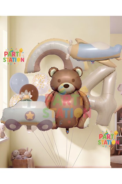 Retro Teddy Bear Police Car Rainbow Airplane Concept 4 Years Old Balloon Set Retro Concept Birthday Balloon Set