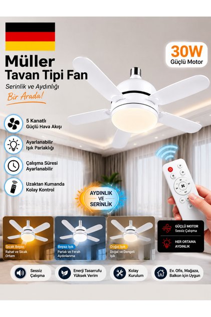Alman Kömürsüz Sessiz Motor Tavan Tipi 3 Renk Aydınlatmalı Fan Vantilatör (Sinek Kovar )