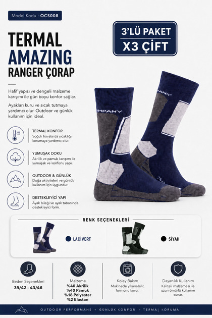 Ranger Thermal Socks Camping Trekking Daily Use Navy Blue 3-Pack