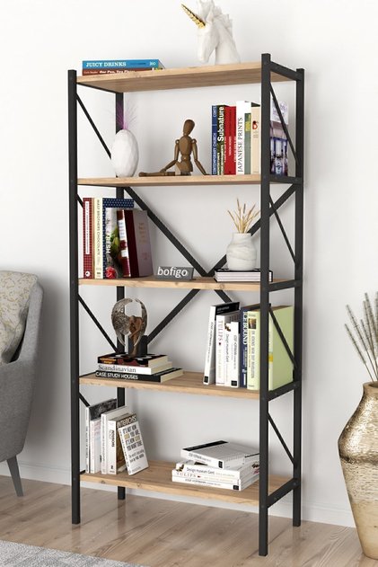 Dekoratif 5 Raflı Kitaplık Metal Kitaplık Agora Çam