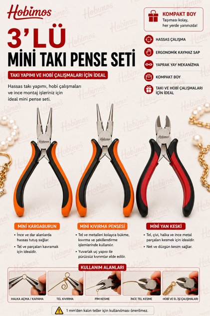 Mini Kıvırma Takı Pensesi - Karga Burun Pense - Yan Keski - 3 Lü Set ( Hobi )