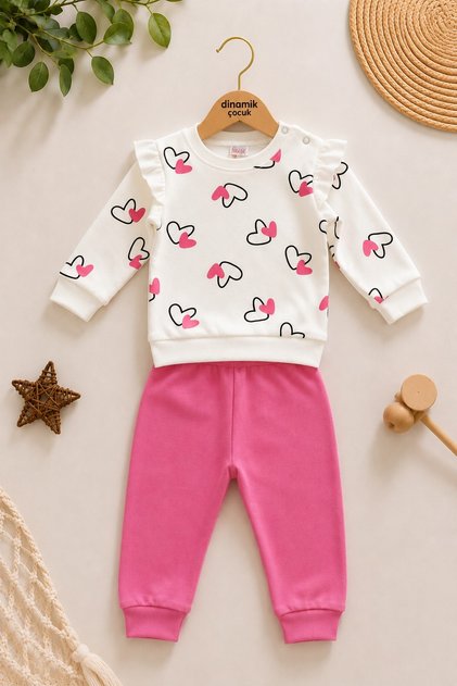 Baby Girl 2 Thread Thin Seasonal Heart Patterned Top and Bottom Set Cotton Ruffle Shoulder 2-Piece Set 3-12 Months