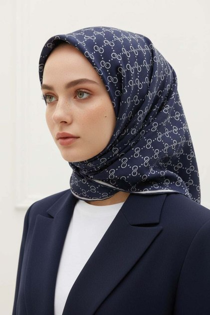 %57 İPEK %43 VİSKON Twill İpek Leopar Desenli Lacivert - Beyaz Renkli 90x90 Eşarp Dikim Şekli : El D