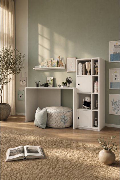 Minimalist Çocuk ve Genç Çalışma Masası - Çok Bölmeli Kütüphaneli Yazı Masası NRG-ÇCMS-1008