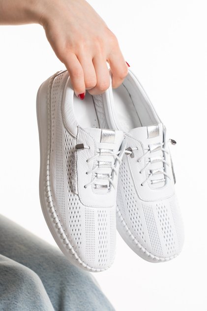 Women's White Silver Genuine Leather Lace-Up Comfortable Sports Shoes-Casual Walking Shoes S3050
