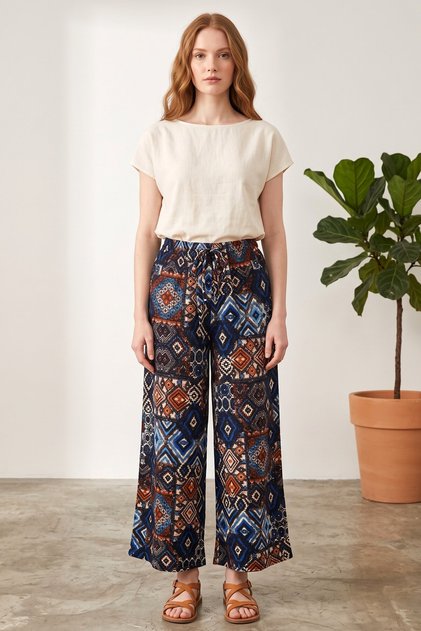 Women's Black Orange Abstract Patterned Atlas Wide Leg Pants