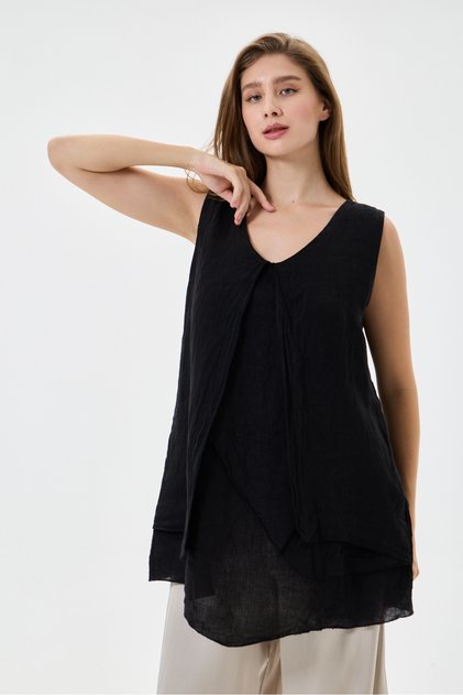 Black Italian Varev Cut Zero Sleeve Linen Linen Blouse 40 - 44 Size