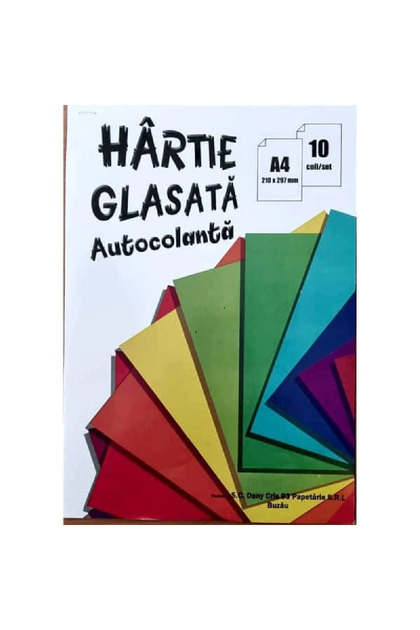 Hartie glasata autocolanta A4, set 10 coli, 10 culori