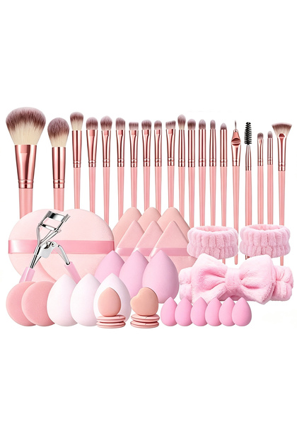 52Pcs Makeup Tool Set with Brushes, Sponges, Puffs, Headband, Eyelash Curler Travel Brush Set