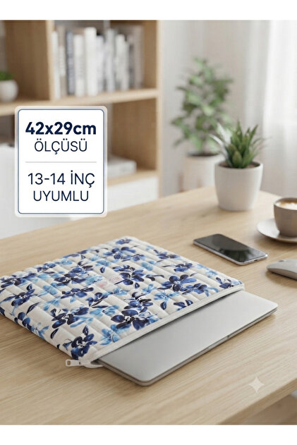 Navy Blue Floral Patterned Portfolio Bag/Laptop & Tablet Case - Fiber Filled