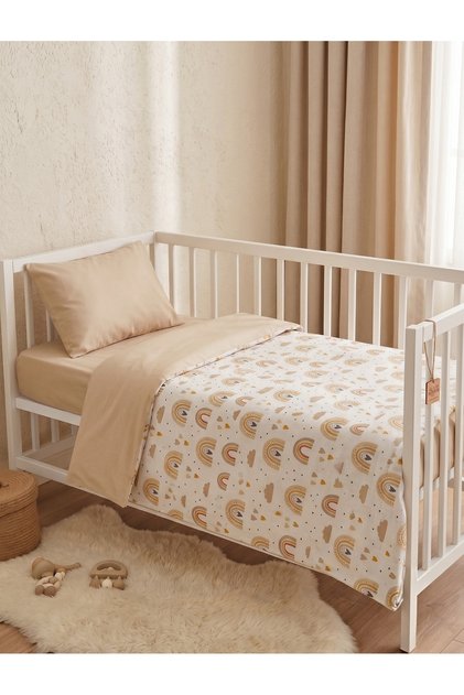 %100 Pamuk Fermuarlı Bebek Nevresim Takımı - Capucino Gökyüzü Beşik Ve Karyola Örtüsü Seti