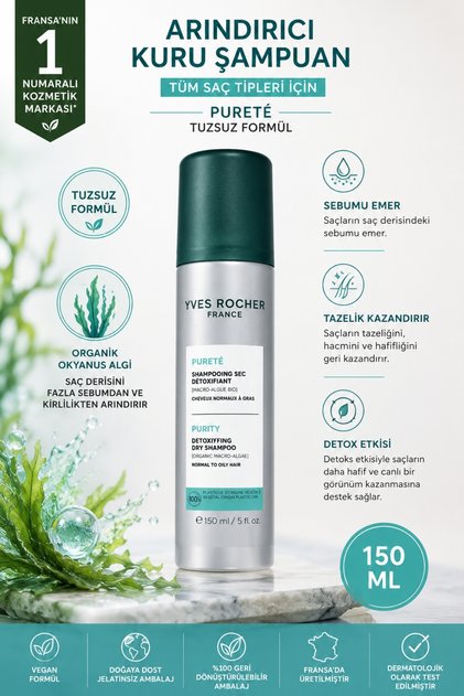 Tüm Saçlar İçin Kuru Şampuan 150 ml Okyanus Algi Detoks Etkili Hacim Veren Vegan Saç Spreyi