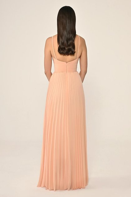 Mesh Strap Pleated Chiffon Long Evening Dress Alfa Beta