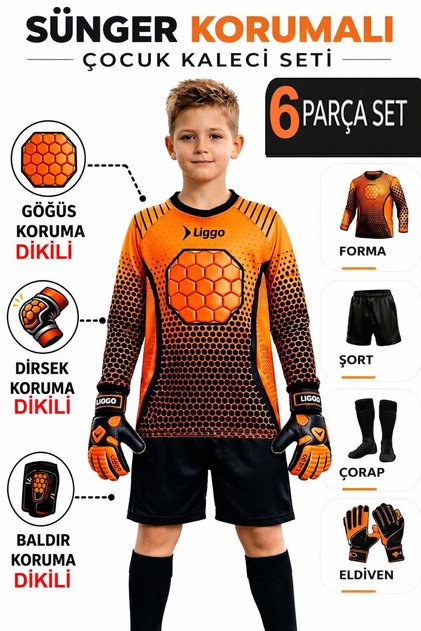 Çocuk Kaleci Eldiveni Göğüs Sünger Destekli Çocuk Higuita Kaleci Forma Şort Çorap Takımı